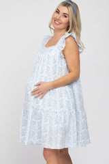 Blue Floral Square Neck Ruffle Sleeve Tiered Maternity Dress