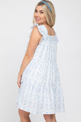 Blue Floral Square Neck Ruffle Sleeve Tiered Maternity Dress