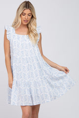 Blue Floral Square Neck Ruffle Sleeve Tiered Dress