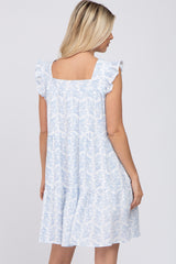 Blue Floral Square Neck Ruffle Sleeve Tiered Dress