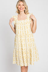 Yellow Floral Square Neck Ruffle Sleeve Tiered Dress