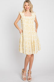 Yellow Floral Square Neck Ruffle Sleeve Tiered Dress