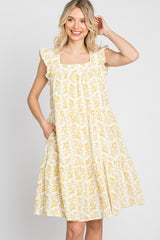 Yellow Floral Square Neck Ruffle Sleeve Tiered Dress