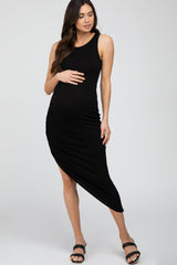 Black Side Ruched Asymmetric Maternity Dress