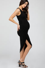 Black Side Ruched Asymmetric Maternity Dress