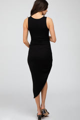 Black Side Ruched Asymmetric Maternity Dress