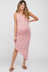 Pink Side Ruched Asymmetric Maternity Dress