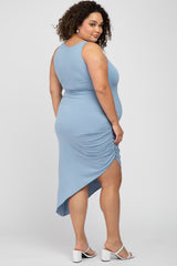 Blue Side Ruched Asymmetric Maternity Plus Dress