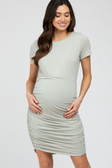 Light Olive Short Sleeve Ruched Maternity Dress