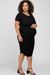 Black Short Sleeve Ruched Plus Maternity Dress