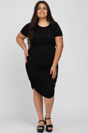 Black Short Sleeve Ruched Plus Dress