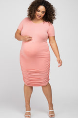 Coral Short Sleeve Ruched Plus Maternity Dress