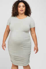 Light Olive Short Sleeve Ruched Plus Maternity Dress