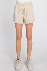 Beige Frayed Front Tie Shorts