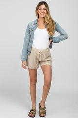 Beige Frayed Front Tie Maternity Shorts