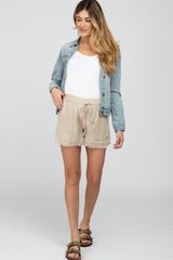 Beige Frayed Front Tie Maternity Shorts