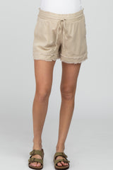 Beige Frayed Front Tie Maternity Shorts