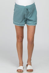 Blue Green Frayed Front Tie Maternity Shorts