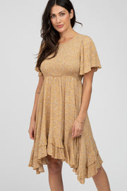 Camel Floral Smocked Ruffle Dress