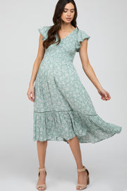 Mint Floral Smocked Ruffle Maternity Midi Dress