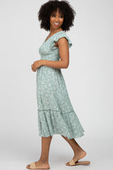 Mint Floral Smocked Ruffle Midi Dress