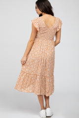 Peach Floral Smocked Ruffle Maternity Midi Dress