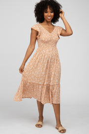 Peach Floral Smocked Ruffle Midi Dress