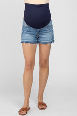 Blue Fringe Hem Maternity Jean Shorts