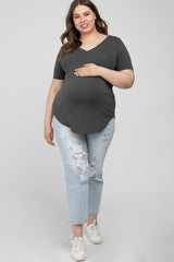 Charcoal V-Neck Round Hem Maternity Plus Top