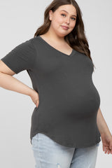 Charcoal V-Neck Round Hem Maternity Plus Top