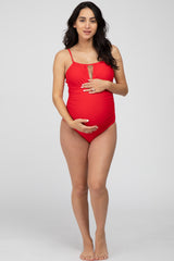 Red Back Tie Cutout One Piece Ruched Maternity Swimsuit