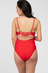 Red Back Tie Cutout One Piece Ruched Maternity Swimsuit