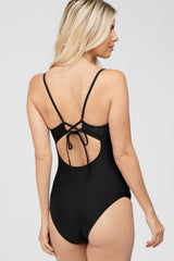 Black Back Tie Cutout One Piece Ruched Swimsuit