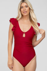 Burgundy Flutter Sleeve Back Cutout Maternity One Piece Swimsuit