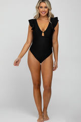 Black Flutter Sleeve Back Cutout Maternity One Piece Swimsuit