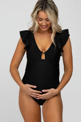 Black Flutter Sleeve Back Cutout Maternity One Piece Swimsuit