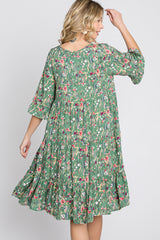 Green Floral Front Tassel Tie Dress