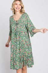 Green Floral Front Tassel Tie Dress