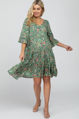 Green Floral Front Tassel Tie Maternity Dress