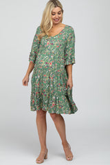 Green Floral Front Tassel Tie Maternity Dress