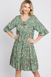 Green Floral Front Tassel Tie Dress