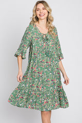 Green Floral Front Tassel Tie Dress