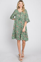 Green Floral Front Tassel Tie Dress