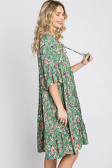 Green Floral Front Tassel Tie Dress