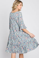 Blue Floral Front Tassel Tie Dress