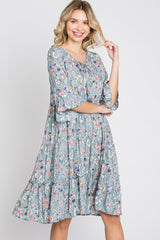 Blue Floral Front Tassel Tie Dress