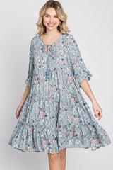 Blue Floral Front Tassel Tie Dress