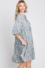 Blue Floral Front Tassel Tie Dress