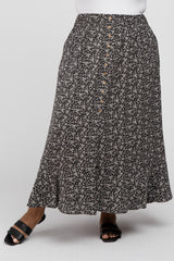 Black Floral Button Accent Hi-low Plus Skirt