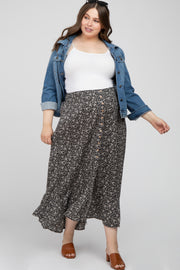 Black Floral Button Accent Hi-low Maternity Plus Skirt